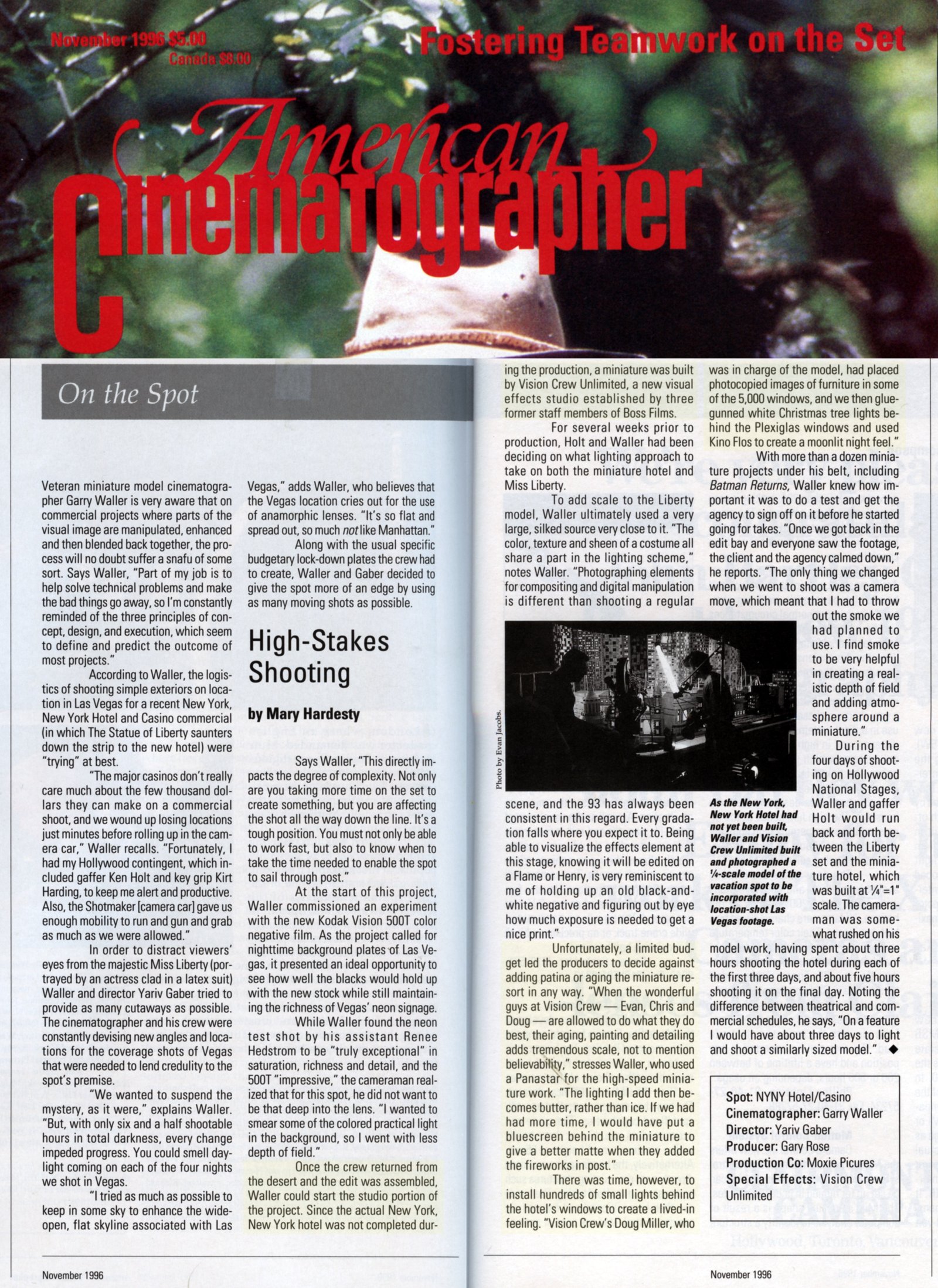 American Cinematographer, November 1996 - cover and article