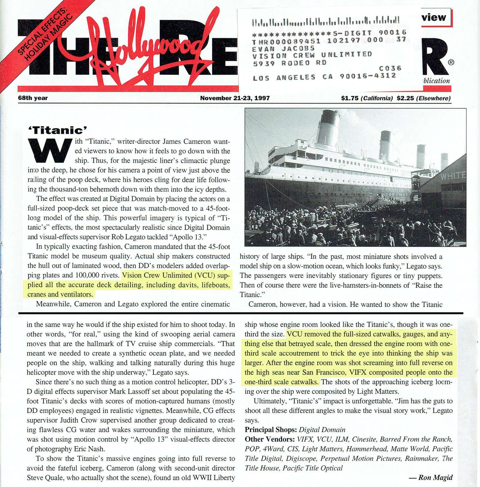 Titanic, The Hollywood Reporter, November 21-23, 1997
